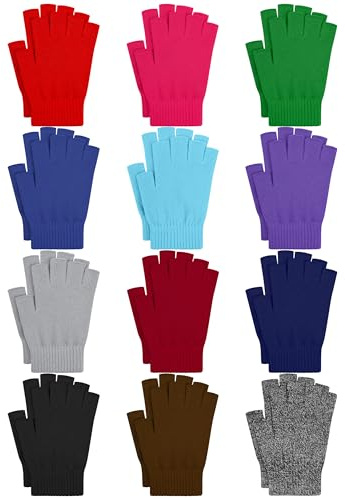 URATOT 12 Pairs Winter Half Finger Gloves - Unisex Fingerless Knit Solid Typing Warm Stretchy Gloves for Men Women