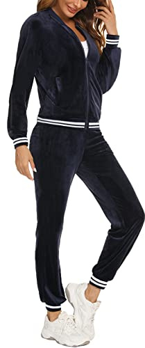 Enjyam Träningsoverall för kvinnor, hel träningsdräkt, sport, sweatshirt, sweatshirt, långärmad och byxor, casual, yoga, löpning, fitness, sportkläder med ränder 2 stycken, Marinblå B, M