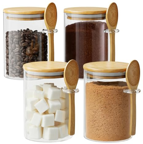 Glass Sugar Container with Spoon - 4 Pack 15oz Glass Jars with Bamboo Lid and Spoon, Bamboo Lid Storage Jar Containers for Coffee Beans, Spice, Brown Sugar, Tea, Flour, Nuts, Candy, Salts and More