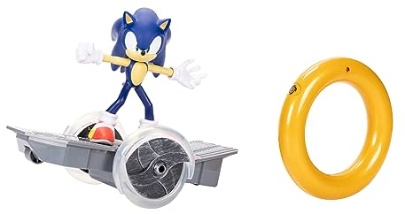 Sonic The Hedgehog - Véhicule Sonic Radio-télécommandée - Fonction 360 + Boost - 30 M - Figurine Sonic Articulée 15 Cm + Mannette Anneau Dorée Inclus - Jouet Lumineux et Rapide - Cadeau Enfant 4 Ans+