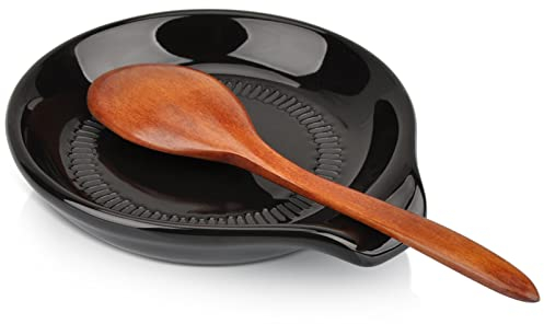 HONZUEN Kitchen Ceramic Spoon Rest,Porcelain Spoon Holder Stand Utensil Rest for Dining Table,Small Smooth Spoon Holder Rest for Tea Spoon Ladle Teabag Cooking Spoon Coffee Spoon Stirring Spoon(Black)