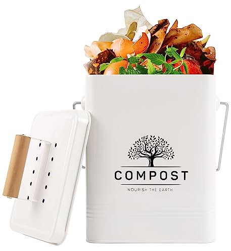 Perfnique Kitchen Compost Bin, 6L Countertop Compost Bin with Lid, Indoor Compost Bin Includes 2 Carbon Filters, Small Compost Bucket, Food Waste Bin for Kitchen with Trash Bags (Cream White)