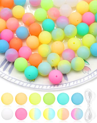 Cinvo 60 Stück Silikon lose Perlen leuchtende 15 mm runde Gummiperlen geformte Perlen zur Schmuckherstellung große Perlen mit 5 m Umhängeband für Armbänder, Halsketten, (12 leuchtende Farben)