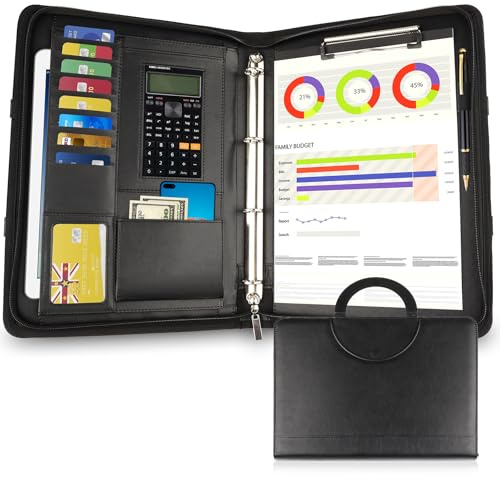 Nueva versión A4 de cuero con cremallera para conferencias y documentos de negocios, carpeta con cremallera y carpeta de anillas (negro)