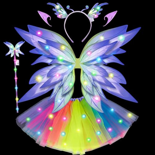 Tacobear Lumineux Ailes de Fée Déguisement Enfant Fille avec LED Tutu Jupe Tulle Serre-tête Baguette Oreilles Elfe Ailes Papillon Costume pour Carnaval Halloween (Violet)