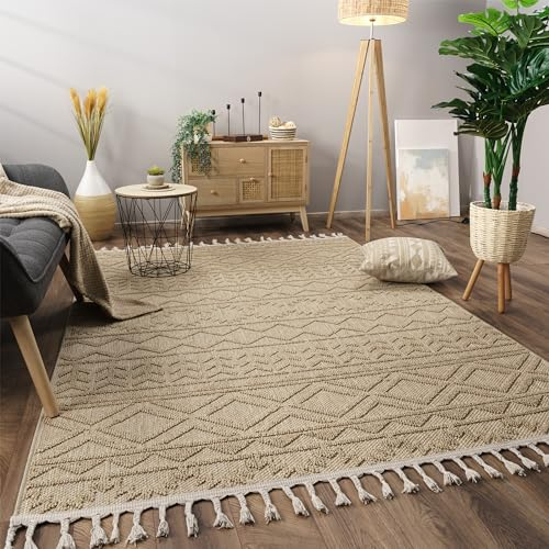 Paco Home Teppich Wohnzimmer Schlafzimmer Kurzflor Skandinavisches Boho Muster Geometrische Optik Einfarbig Fransen Moderne Deko, Grösse:160x220 cm, Farbe:Beige