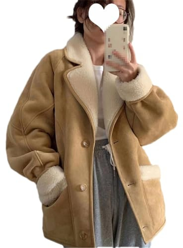 Fnfmrfmr Damen Winter Verdickte Lammfelljacke Wildledermantel Lammfleece Parka Oberbekleidung Khaki S