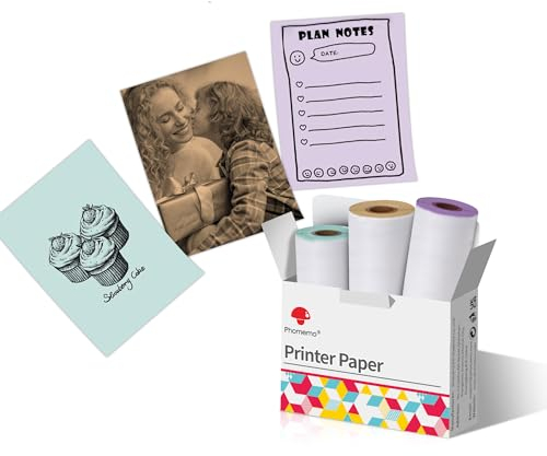 Phomemo Selbstklebendes Thermopapier Rolle 77mm Breite x 3.5m Länge 3 Rollen Aufkleberpapier für M832 TP31/M03/M03AS/M04S/M04AS Druckerzubehör,Schwarz auf Grün/Lila/Orange, 20 Jahre haltbar