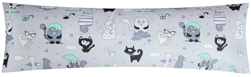 Renforcé Seitenschläferkissen Bezug 40x145cm Katzen (BS Katzen Grün) | 100% Baumwolle, Kissenbezug, Kissenhülle, Tiere, Reißverschluss