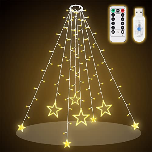 SALCAR Éclairage de Noël de 2 m avec anneau, étoiles, guirlande lumineuse de sapin de Noël avec télécommande et 9 modes, guirlande lumineuse LED, blanc chaud