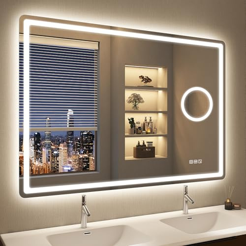 STARLEAD Badrumsspegel med belysning, 100 x 70 cm, LED-spegel med 5 x förstoringsglas, bluetooth, dimbar, 3 ljusfärger, anti-dimma, IP44, minnesfunktion, 5X, härdat glas