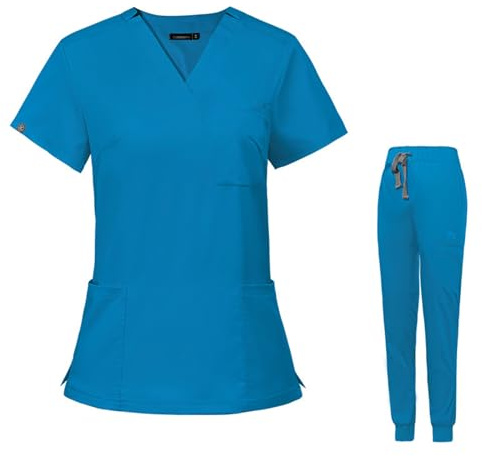 Meichoon Medical Uniforms V-Neck Stretch Scrubs Top Short Sleeve with 3 Pockets Stretch Yoga Jogger Pants Slim Fit Elastic Waistband DK09