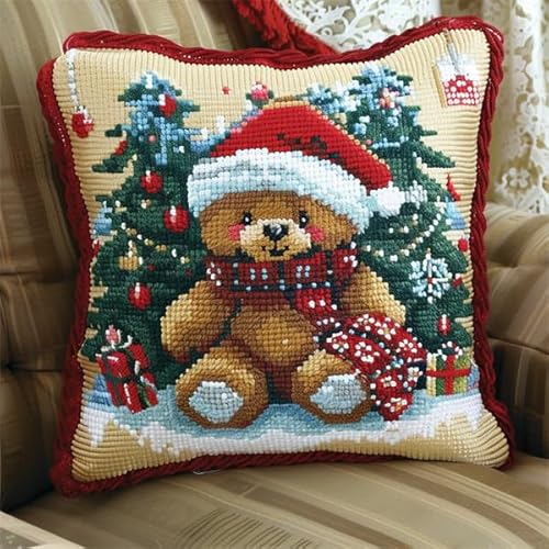 Lfynior Kreuzstich Kissen Set Weihnachten Stickkissen zum Selbersticken 45X45cm Stickpackung Stickset Kreuzstich Kissen zum Basteln Stickkissen Stickpackung mit Vorgedruckt Kreuzstichmotiv