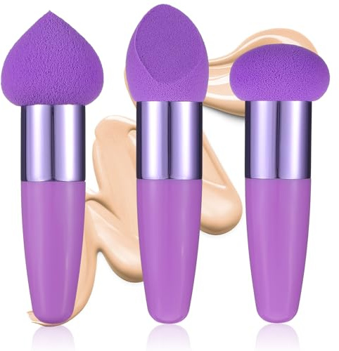 Sibba 3 esponjas de maquillaje en polvo para la cara, esponja de maquillaje con mango, húmeda y seca, reutilizable, herramienta aplicadora de maquillaje para polvos sueltos, base, colorete, crema