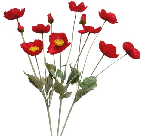 3 stycken röda vallmo blommor konstnärliga, 53 cm konstgjorda blommor i ranunkuler, silkesblommor med stjälkar, falska blomstjälkar för bröllop, fest, trädgård utomhus inomhusdekor,