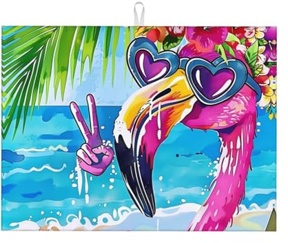 Tapete de secado de platos de verano de flamenco tropical, tapete de secado de platos grande de microfibra para encimera de cocina, tapete de secado de platos súper absorbente, tapete de secado de