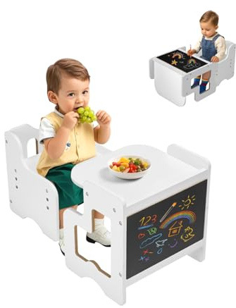 VEVOR Set med bord och stolar för diversifiering av barn, DME-möbler i trä med svart tavla, avvänjningsbord justerbar höjd, för att rita läsa, småbarn, vit
