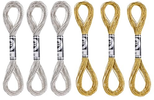 6 Stück Stickgarn, 8m Metallische Stickgarne Glitzernd Polyestergarn Kreuzstichgarn für Stickbilder, Freundschaftsarmbänder, DIY Handwerk (Gold, Silber)