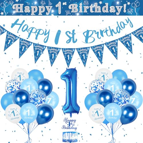 Födelsedagsdekoration 1 år pojke, ballonger 1 år gammal blå vit, stor ballong nummer 1 blå grattis på födelsedagen banner för ballong 1 år gammal födelsedag
