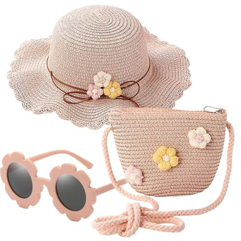 Cappello di Paglia e Mini Set di Borse con Decorativo Fiori 3PCS,Occhiali da Sole per Bambini Cappellino Traspirante e Borsa a Tracolla Vacanza Outdoor 3-8 Anni