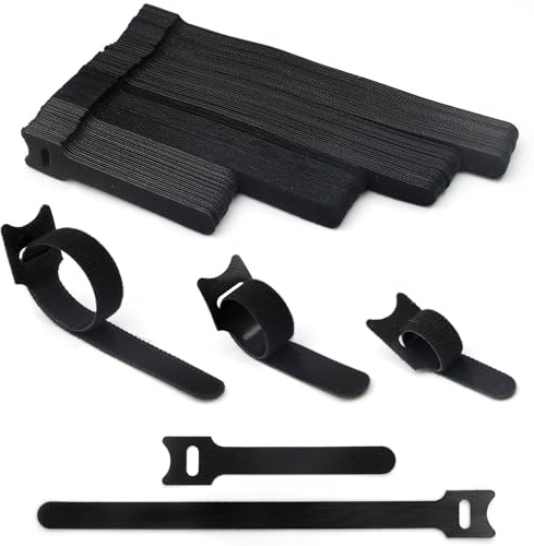 TRUEIN 100 Piezas Bridas Reutilizables, Ajustable Ataduras con Nylon Gancho y Lazo, 200 mm/180 mm/150 mm/100 mm Ataduras de Cable, Organizador de Cables de Nylon Negro, Para Oficina, Hogar, Jardín