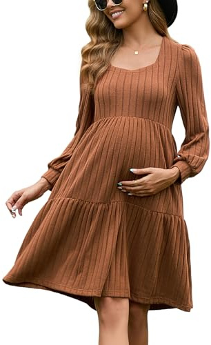 GINKANA Damen Umstandspulloverkleid, quadratischer Ausschnitt, langärmelig, Herbst, lässig, Schwangerschaft, Babydoll, Strickkleid mit Tasche, Caramel, Groß