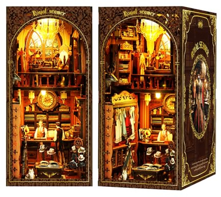 Coanto Book Nook, Book Nook Kits, Minature House Kit for Adults, 3D Wooden Puzzle Bookend for Teens and Adults, Bookshelf Insert Decor with LED Light and Dust Cover, Royal Seamstress
