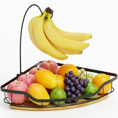 Dvocel Obstkorb Schwarz Rechteckig 1-stöckiger Obstschale mit Bananen-Aufhänger, Metall Obstschale mit Bambusboden, Aufbewahr
