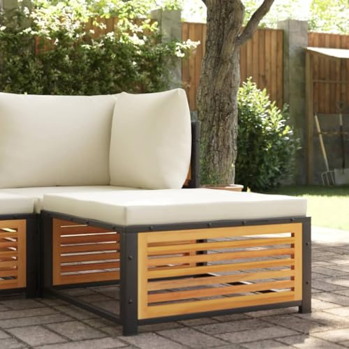 HaoChrymec Gartenhocker mit Kissen aus Massivholz Akazie, Pulverbeschichteter Stahlrahmen, Flexibles Design, Fußhocker Outdoor, Camping Hocker, 68 x 68 x 30 cm