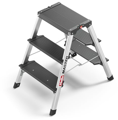 Hailo Master D70 Aluminium Doppelstufen-Trittleiter – kompakte & beidseitig begehbare Klappleiter - Rutschhemmende Stufen & gummierte Füßen - 2 x 3 Stufen - EN 14183 geprüft - belastbar bis 150 kg