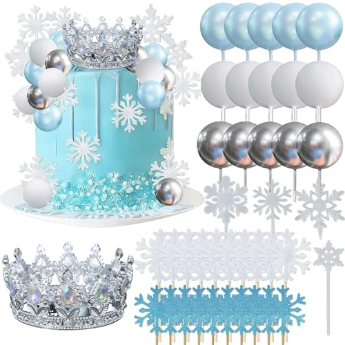 Snowflake Cake Toppers, 40pcs Girls Princess Cake Decoration, Crown Cupcake Toppers Snowflak Acrylic Happy Birthday Toppers for Birthday Wedding Baby Shower Party Supplies (Blue)