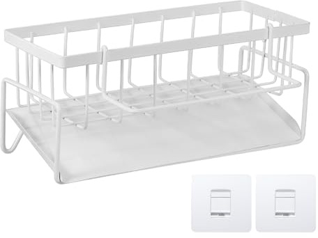 sourcing map Kitchen Sink Caddy Holder with Self Drain Tray and Drain Rod, Rustproof Sink Sponge Holder for Kitchen Countertop Storage Accessories, Hold Sponges, Dish Brushes, White