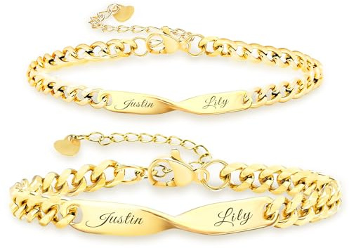 Malihome Personalisiertes Infinity-Partnerarmband-Set mit individueller Namensgravur, verstellbarer Länge und Herzanhänger, passender Schmuck für Sie und Ihn.