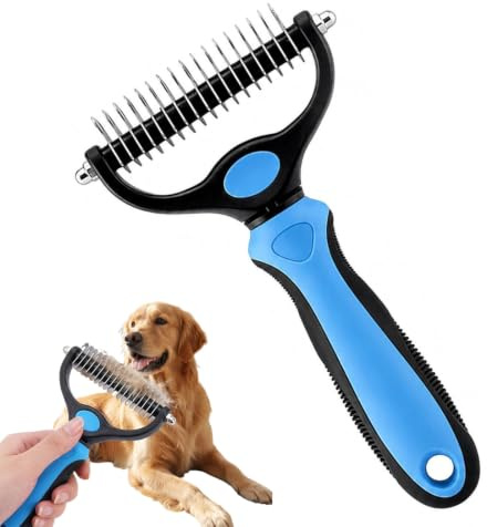 FIKZOM Doble Cara 17+9 Dientes de Acero Inoxidable, Cepillo Deslanador para Perros y Gatos, Elimina Pelo Muerto y Nudos, Rastrillo para Subpelo para Mascotas de Pelo Corto Largo