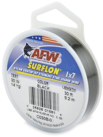 American Fishing Wire Surflon, Nylon Coated 1x7 Stainless Steel Leader Wire, 30 lb Test, .024 Diameter, Black, 30 ft