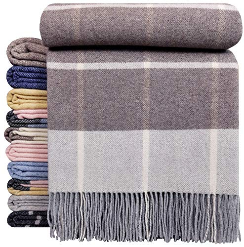 Coperta in cashmere, 100% lana, 140 x 200 cm, coperta a quadri, molto morbida, plaid “Faro” , Lana, Braun (Karo), 140 x 200 cm