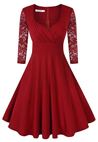 KOJOOIN 50-tals Vintage Klänning Retro Cocktailklänning Aftonklänning Balklänning Rockabilly V-ringad Klänning Knälång Långärmad Vinröd 1 långärmad L