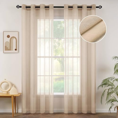 MIULEE 2 Panels Beige Semi Sheer Window Curtains Elegant Grommet Top Window Voile Drapes/Treatment Linen Textured Panels for Bedroom Living Room (54X84 Inches)