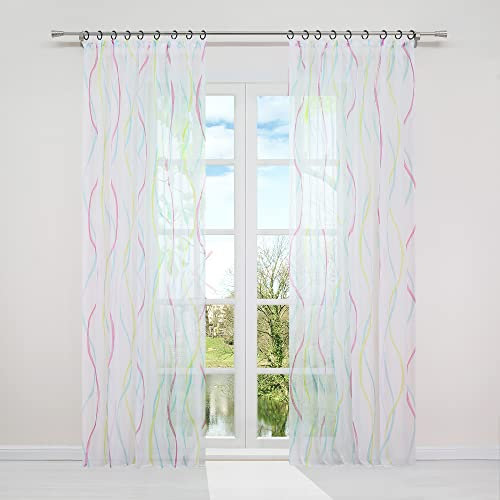 HongYa 1 Stück Voile Gardine Transparenter Vorhang mit Kräuselband Wellen Druck H/B 225/140 cm Bunt Blau