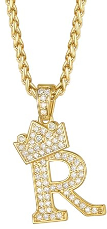 Richsteel Crown Pendant For Men Initial R Hip Hop letter Necklace Monogram Jewelry King Kingdom Alphabet Charm with Chain 22'',Gift for Christmas