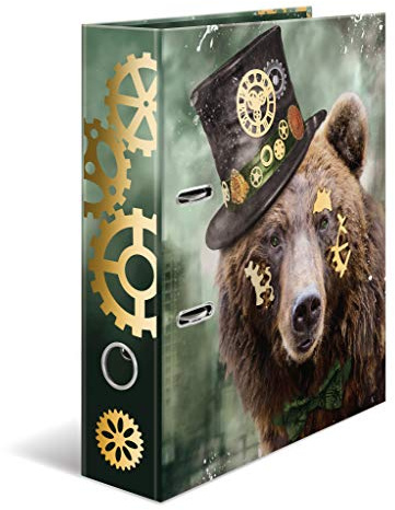 HERMA 7079 Ordner A4 Steampunk Bär, 7 cm breit, Motiv Aktenordner aus Pappe mit Innendruck für Schule & Büro, stabiler Kinder Ringordner aus Karton für Jungen & Mädchen