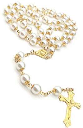 Rosary Beads Catholic for Women, First Holy Communion Rosary Gifts Catholic for Women, Gold White Rosary Necklace Imitation Pearl Beads Necklace Rosarios Catolicos
