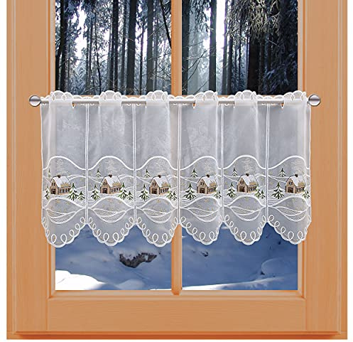 kollektion MT Winter-Scheibengardine Haus im Schnee mit Tannen aus Vogtländischer Spitze Scheibenhänger mit Lurex-Stickerei 41 cm hoch