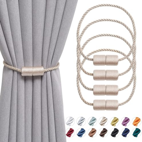 Pretty Jolly magnetische Vorhang Raffhalter handgefertigtes Gewebe Seil Vorhang-Raffhalter Einfachheit dekorative Vorhang drapieren Krawatte zurück für Haus & Büro Fenster Drapery, Beige, 4 Stück | Handgefertigte gewebte Zylinder-Halterungen, dekorative Seitenseil-Raffhalter für Fenster zu Hause und im Büro, 40,6 cm
