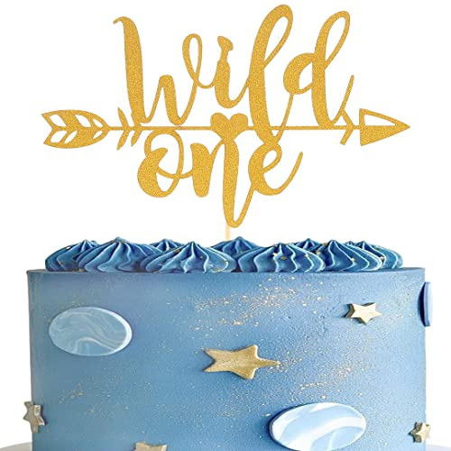 Gold Wild ONE Cake Topper - Gold Glitter Baby First Birthday Cake Decoration, 1st Birthday Cake Topper, ONE With Arrow Heart-shaped Cake Topper, Baby First Shower Photo Props