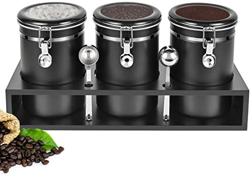 Yangbaga 3x63OZ Sugar Coffee Canisters with Shelf, 304 Stainless Steel Coffee Station Container for Ground Coffee Bean Storage with Airtight Locking Clamp&Scoop, Cereal Containers Storage for Kitchen