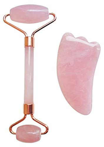 BXSMNH Gesichtsroller Für Frauen Jade Roller Und Gua Sha Set Gesichtsmassagegerät Rosenquarz Roller Gua Sha Stein Gesichtsmassagegerät Roller Gua Sha Stein Gesichtsroller Augenroller