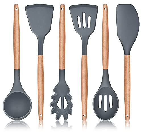 Herogo 6 Pieces Silicone Kitchen Utensils Set with Wooden Handle, Grey | Heat Resistant Cooking Utensil for Non Stick Cookware Pans, Include Spatula Turner Spoon Ladle Pasta Server, Easy to Clean