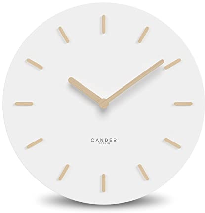 Cander Berlin MNU 2530 F Wanduhr lautlos ohne Ticken 30 cm Holzzeiger modern Vintage Wohnzimmer weiß analog MDF
