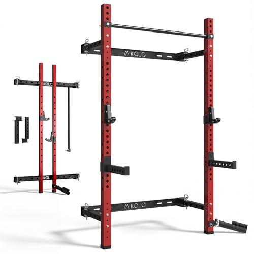 Mikolo 2 x 2 Folding Wall Mounted Squat Rack, 1000 Pounds Capacity Power Rack with Safety Catches, Pull Up Bar, J Hooks and Landmine Attachment, Space-Saving Home Gym(Red